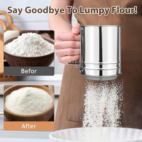 Flour Sifter, Sifter for Baking with Flour and Powdered Sugar Shaker Duster Set, 3 Cup 3 in 1 Stainless Steel Double Layer Fine Mesh Sifter for Cakes, Pastries, Pies, Cupcakes and Desserts