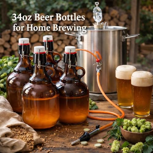 4 Pcs 34oz Beer Bottles for Home Brewing, Amber Glass Gallon Jugs with Airtight Swing Top, Flip Top Storage Bottles Set with Pourers, Funnels, Labels, Glass Containers for Home Brewing