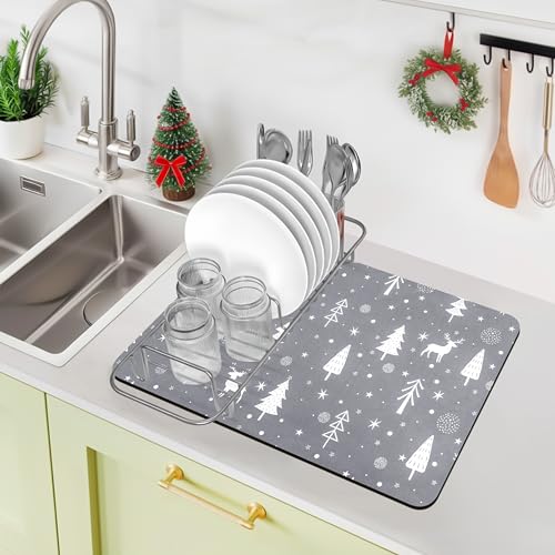 Christmas Dish Drying Mat, 12" x 19" Drying Mat for Kitchen Counter, Super Absorbent Coffee Mats Fits Under Coffee Maker, Kitchen Accessories for Espresso Machine, Gray - color: Gray Tree Reindeer, size: 19" x 12"