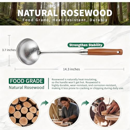 Newness Soup Ladle, [Rustproof, Heat Resistance] Resilient Pure Titanium Soup Spoon with Long Ergonomic Natural Wooden Round Handle, Non-Toxic Cooking Spoon for Kitchen, 14.56 Inches - color: Silver + Wood