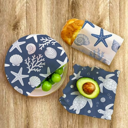 Reusable Beeswax Wraps, Sea Turtle&Starfish Shell Wraps, 9 Pack Eco-Friendly Food Storage, Organic, Sustainable, Zero Waste, Plastic-Free, Sandwich, Bowl, Fruit, 1XL, 3M, 5S - color: Blue Ocean