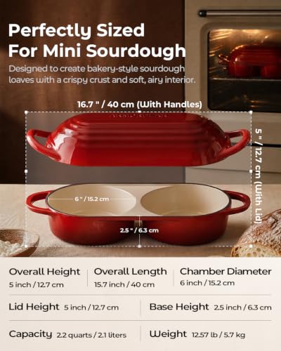 Sourdough Bread Baking Kit with Double Loaf Cast Iron Bread Pan, Red | Bakes two mini loaves at once with banneton proofing baskets included - color: Red, size: Double Bread Oven & Baking Kit