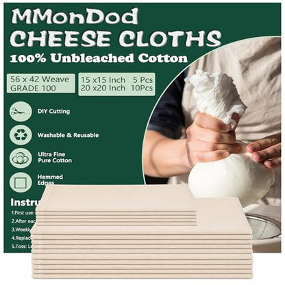 Grade 100 Cheesecloth for Straining, 15 Pack Unbleached Cotton Cloths | Precut with hemmed edges, reusable 56 x 42 weave, 10 pcs 20 x 20 + 5 pcs 15 x 15 for yogurt, cheese and nut milk