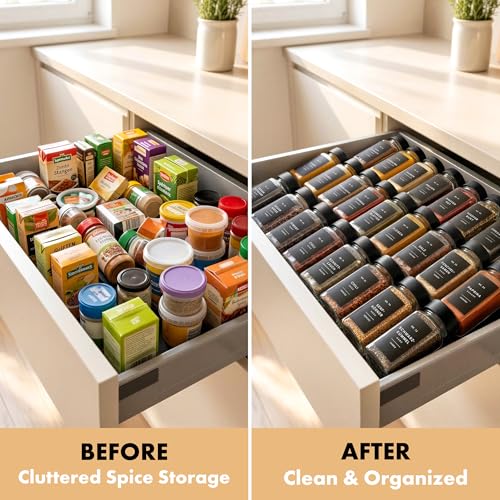 EDELHAUS® Square Spice Jars with Bamboo Wooden Lid (Pack of 24) Spice Jars with Shaker Insert and 240 Labels - Bamboo Lid Glass Container for Spice Organisation [4.3 in × 1.8 in] - color: Black Bamboo Lid