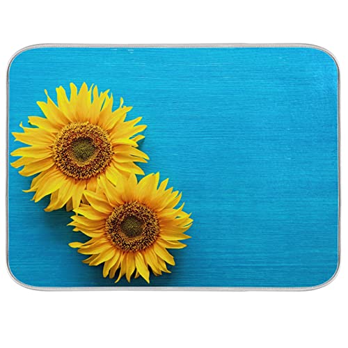 Absorbent Dish Drying Mat for Kitchen Counter - Blue Sunflower Country Style Microfiber Drying Pad, Reversible Drainer Mats for Countertop, Medium 16 x 18 inch - color: 11 Blue wooden board sunflower, size: M