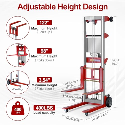 122" Material Lift Winch Stacker, 400 lbs Capacity Manual Material Lifts, Fixed Straddle Material Lifter, Hand Winch Lift Trucks for Warehouse, Factory, Lightweight, 34.60" L x 24.80" W, Red - color: Red