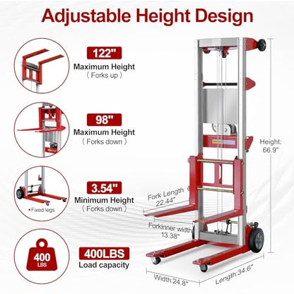 122" Material Lift Winch Stacker, 400 lbs Capacity Manual Material Lifts, Fixed Straddle Material Lifter, Hand Winch Lift Trucks for Warehouse, Factory, Lightweight, 34.60" L x 24.80" W, Red - color: Red