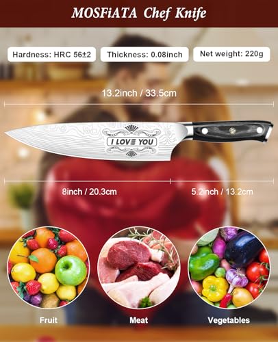 MOSFiATA Gifts for Men Women Christmas, 8" Sharp Kitchen Knife Set with Sheath Professional German EN1.4116 Stainless Steel, Chef Gifts for Best Dad Mom Birthday, Anniversary Xmas Gift Box-I Love You - style: Love chef knife