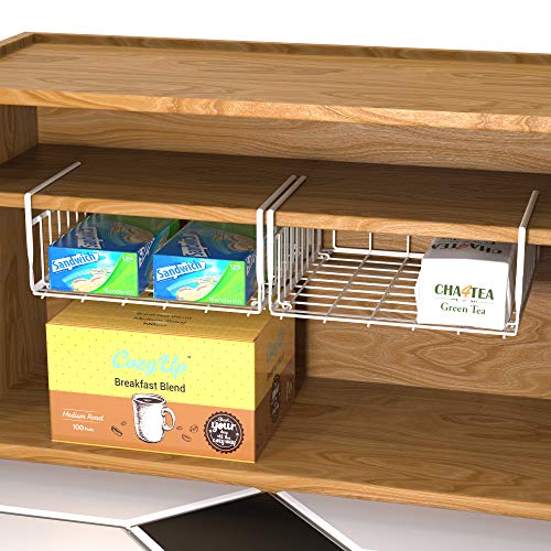 Simple Houseware Under Shelf Basket, White – 2-Pack Space-Saving Storage Organizer for Kitchen, Pantry, Closet, Office – Wire Metal Shelf Organizer, No Tools Required - size: 2 Pack