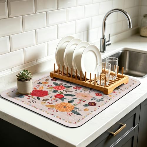 Vintage Floral Dish Drying Mat 18x24 Inch, Dish Mat Drying Kitchen Mats for Extra Large Absorbent Countertop, Aesthetic Boho Drying Matt Kitchen Counter Washable Heat Resistant Dish Drainer Rack Mat - color: Bohemian Flowers-3, size: 24" x 18"