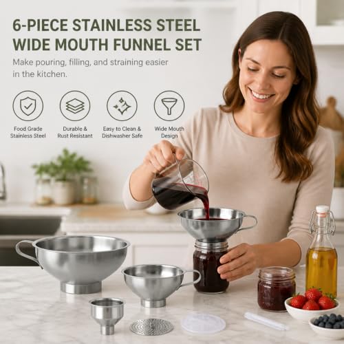 Stainless Steel Funnel Set, Wide Mouth Canning Funnel, Metal Kitchen Funnels for Jar Bottle Filling Canning Supplies