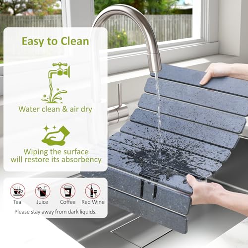 Large Stone Dish Drying Mat for Kitchen Counter, 24"(L)×16"(W), Collapsible Quick Dry Stone Dish Mats, Super Absorbent Diatomaceous Earth Drying Pad for Dishes Bottles Cups, Countertops (Black Grey) - color: Black Grey