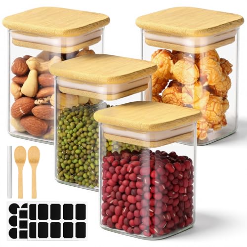Square Glass Jars with Lid, 4 Pack 6 Fl.oz Glass Spice Jars with Bamboo Lids, Wide Mouth Food Storage Canister Pantry Containers for Sugar Coffee Tea Candy - Included Labels, Spoon and Marker - color: 4 Pack, size: 6 fl.oz