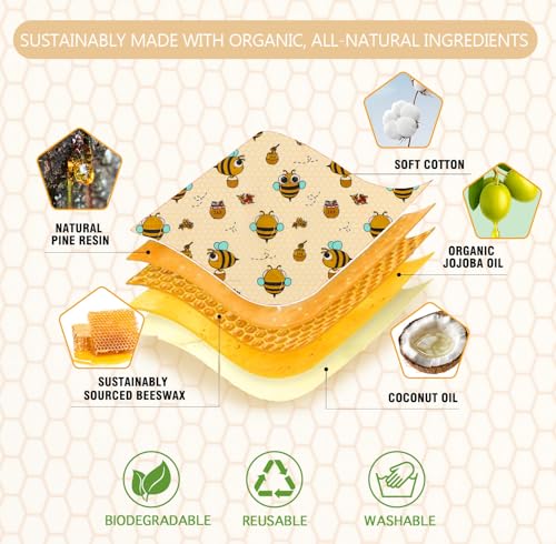 Reusable Beeswax Food Wraps - 6 Pack (3S,2M,1L) Bread Sandwich Wrapper Bowl Covers Food Storage | Organic, Zero Waste, Plastic and Silicone Free, Alternative to Aluminum Foil & Plastic Wrap - color: 6 Pack - Golden Meadow