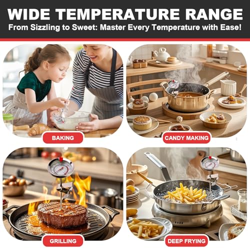 Candy Thermometer Waterproof IP67 - Oil Thermometer for Frying with Clips - 9" Side of Pot Thermometer Deep Fry for Oil Candy Candle BBQ - Silver - color: Silver Dial