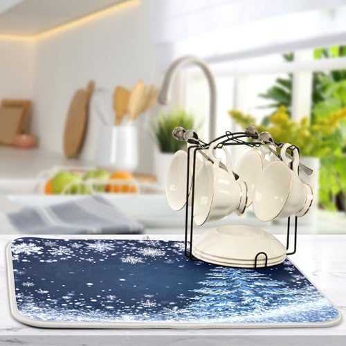 Christmas Tree Blue Dish Drying Mat for Kitchen Countertop 18x24 Winter Snowflake Silver Xmas Large Drying Mat Reusable Quick Dry Dish Sink Mats Easy Clean Decorative Essentials - size: 18x24(in)x1