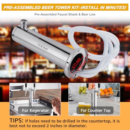 FERRODAY Upgraded Long Shank Adjustable Faucet Kegerator Tower Dual Faucet Beer Tower Double Tap Beer Tower Dispenser Beer Tap Kegerator Parts Pre-assembled Lines 3" Keg Tower Beer Keg Tap - size: Adjustable Dual Tap-Brass Faucet