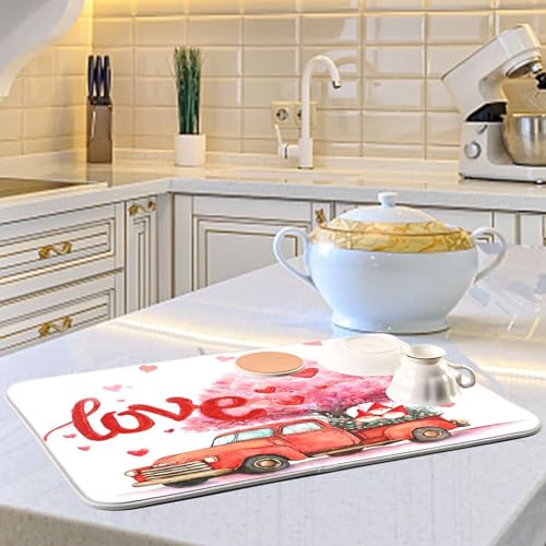 Valentine’s Day Love Tree Dish Drying Mat for Kitchen Countertop 16x18 Happy Valentines Day Gnomes White Small Drying Mat Reusable Quick Dry Dish Sink Mats Easy Clean Decorative Essentials - size: 16x18(in)x1