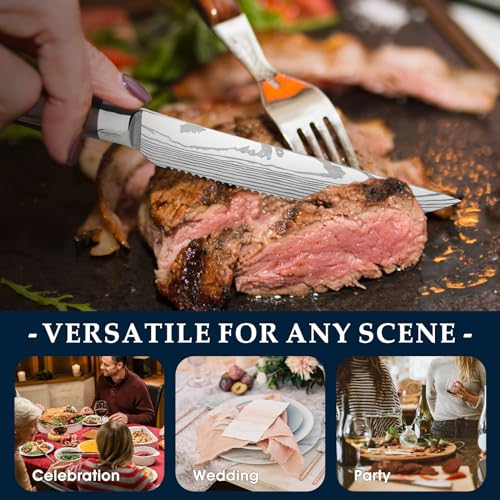 PURPLEBIRD Steak knives Set of 6, Serrated Steak Knife Set 4.5 Inch, Japanese High Carbon Steel Kitchen Steak Knife, Sharp Steak Knives with Wood Handle, Dinner Knife with Gift Box for Mom Dad - color: Red