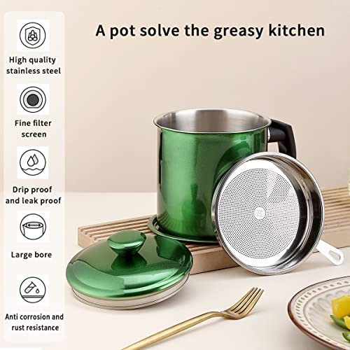 Kyraton Bacon Grease Container With Strainer, 48 oz Metal Shining Green Coating Oil Container, Pot Fat Storage With Lid, Easy Grip Handle Suitable For Storing Frying Oil And Cooking Grease - color: 3. Metal Green