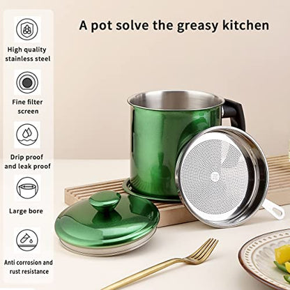 Kyraton Bacon Grease Container With Strainer, 48 oz Metal Shining Green Coating Oil Container, Pot Fat Storage With Lid, Easy Grip Handle Suitable For Storing Frying Oil And Cooking Grease - color: 3. Metal Green