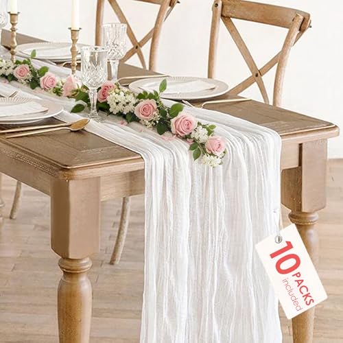 10 Pack White Cheesecloth Table Runner 35x120Inch, 10FT Long Summer Boho Sheer Gauze Table Runner Rustic for Wedding Bridal Baby Shower Birthday Party Table Decor - color: White, size: 10ft x 10pcs