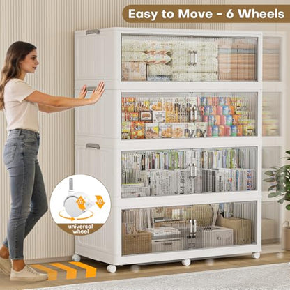 300Gal Extra Large Stackable Storage Bins with Lid (5‑Pack), 1200QT Collapsible Organizer with Clear Magnetic Doors & Wheels, Plastic Cabinet for Bedroom, Garage, Dorm, Closet, Kitchen - size: 240QT-5Pack