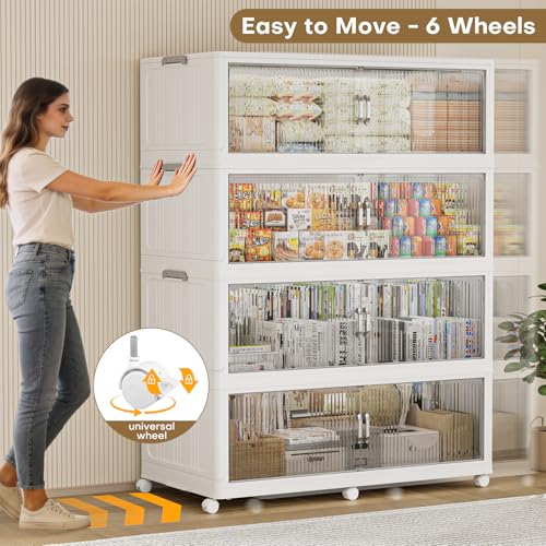 240Gal Extra Large Stackable Storage Bins with Lid (4‑Pack), 960QT Collapsible Organizer with Clear Magnetic Doors & Wheels, Plastic Cabinet for Bedroom, Garage, Dorm, Closet, Kitchen - size: 240QT-4Pack