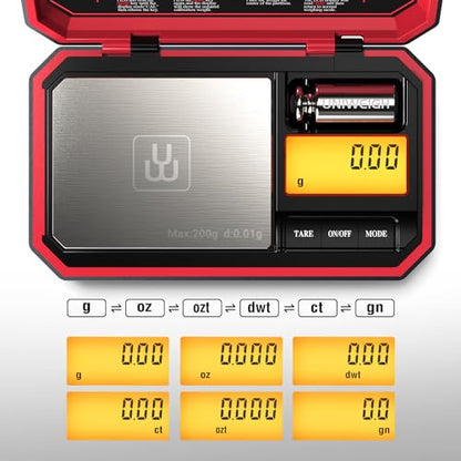 UNIWEIGH Travel Digital Pocket Scale 200g/0.01g, Digital Gram Scales | Mini Food Scale with 50g Calibration Weight for Food, Powder,small items, Tea, Jewelry, Coins (Battery Included)-Red - color: Red