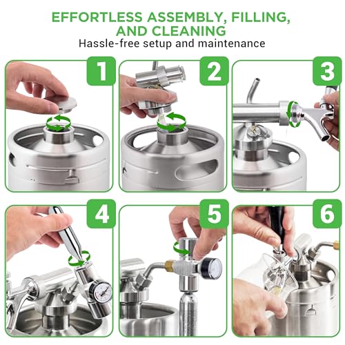 NutriChef Pressurized Growler Tap System, 128oz Stainless Steel Mini Keg Dispenser Portable Kegerator Kit, Co2 Pressure Regulator Keeps Carbonation for Craft Beer, Draft and Homebrew - size: 128oz