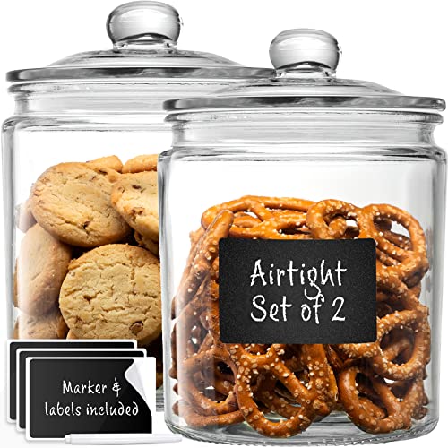 Le'raze Glass Canister Set for Kitchen Counter + Labels & Marker - Set of 2 - Glass Cookie Jars with Airtight Lids - Food Storage Containers with Lids Airtight for Pantry - Flour, Sugar, Coffee, etc.