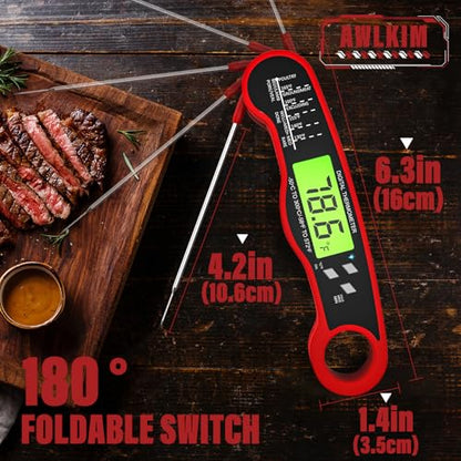 AWLKIM 2 Pack Meat Thermometer Digital, Instant Read Thermometer, Red | 2-pack grill and kitchen thermometers with backlit displays and magnetic storage - color: 2 Pack Red