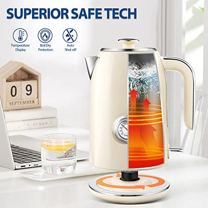 PUKOMC Electric Kettle, 1.7L Stainless Steel Tea Kettle with Temperature Gauge, 1500W Water Boiler with LED Light, BPA-Free, Auto Shut-Off and Boil-Dry Protection (Beige) Visit the Pukomc Store - color: Beige