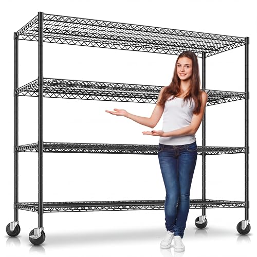 4-Tier Heavy Duty Wire Garage Shelving with Wheels, 2200 LBS Capacity, 24" D x 56" W x 75" H, Adjustable Spray-Coated Iron Metal Storage Rack for Warehouse, Kitchen, Pantry, Utility Room - Black