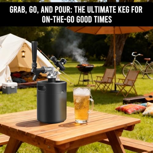 MRbrew Pressurized Mini Keg 64oz, 304 Stainlsee Steel Mini Kegerator with Exhaust Valve Designed Cap Portable Beer Growler for Homebrew And Craft Beer (Black) - color: Black
