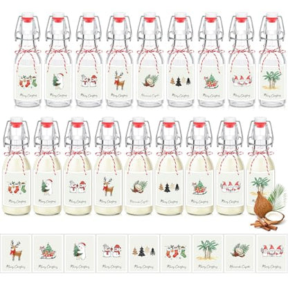 Havawish 16 Pcs Merry Christmas 8 oz Coquito Swing Top Glass Bottles with Airtight Cap Lids Labels Clear Flip Top Bottles with Stoppers for Homemade Christmas Home Brewing Beer Beverages(Fresh) - style: Fresh