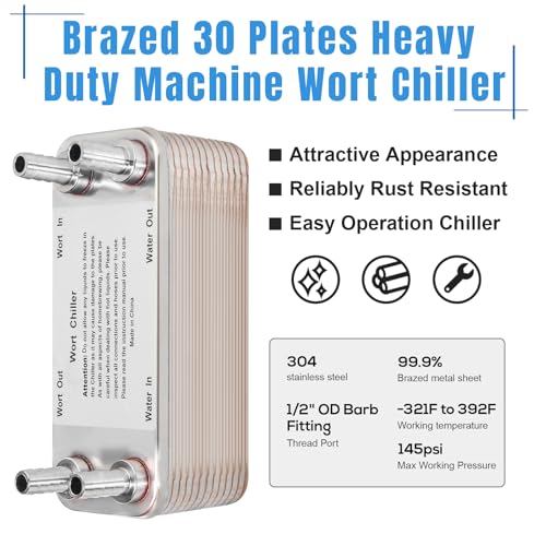 30 Plate Wort Chiller, 1/2 Barb Fitting Homebrew Plate Wort Chiller, Stainless Steel Brazed Plate Heat Exchanger, Beer Chiller Wort Cooler Heat Exchanger For Brewing-7.5" x 2.9"