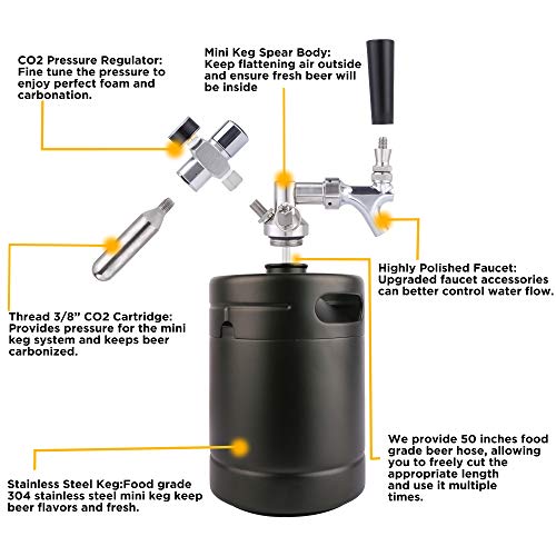 TMCRAFT 64oz Growler Tap System, Pressurized Stainless Steel Mini Keg with Cooler Jacket, Portable Home Dispenser System to Keep Fresh and Carbonation for Draft, Homebrew and Craft Beer (Matte Black)