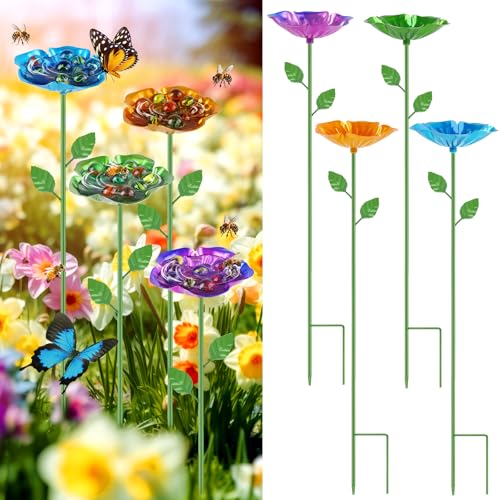 4 Pack Bee Watering Station, Metal Bee Feeder with Glass Marbles, Flower Shape Bee Butterfly Watering Station Bee Waterer for Outdoor Garden Courtyard Decor - color: 4PCS-Flower