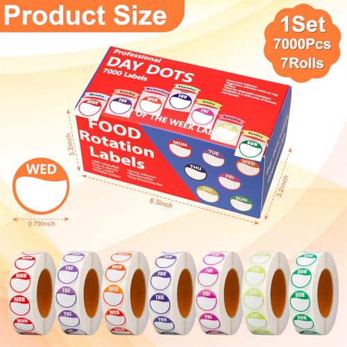 7000pcs Days of The Week Stickers Colored Dot Food Labels Removable Date Labels with Dispenser Box for Food Containers Restaurant Supplies