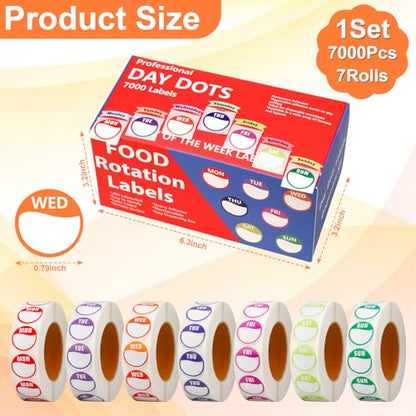 7000pcs Days of The Week Stickers Colored Dot Food Labels Removable Date Labels with Dispenser Box for Food Containers Restaurant Supplies