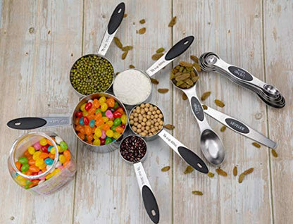 Warmheart Measuring Cups and Magnetic Measuring Spoons Set, Stainless Steel 5 Cups and 7 Spoons and 1 Levele (Black)
