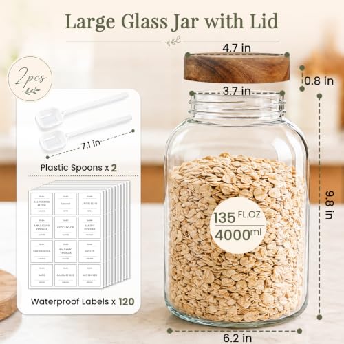 CONNOO 2PCS Flour Sugar Storage Containers Large Glass Food Storage Jars with Airtight Acacia Wood Lids Including 120 Labels Easy-Scooping Design for Flour Sugar Rice and Dry Foods (1 Gallon 135 oz) - color: cylindrical/135oz/2pcs