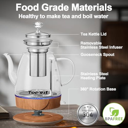 Topwit Electric Kettle Glass, For Hot Water, Tea and Coffee Dual Purpose Design, BPA-Free, 1L Pour Over Removable Stainless Steel Infuser, Auto-shut Off & Boil-dry Protect - color: Wood