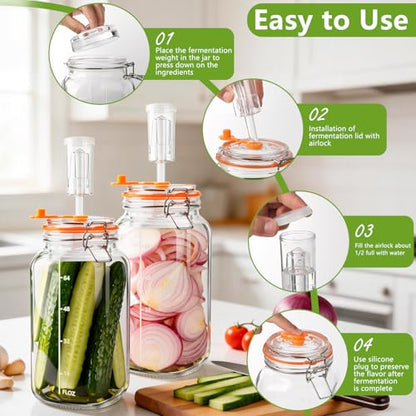2 Pack 64oz/2L Glass Fermenting Jars with Airlocks & Weights – 3.3" Wide Mouth Sauerkraut Jar Set for Pickles, Kombucha, Kimchi – Complete Home Fermentation Kit for Beginners