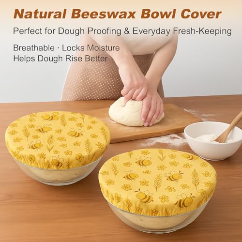 2 Pack 10 Inch Reusable Round Beeswax Bowl Covers for Sourdough Bread Proofing & Cold Fermentation, Prevents Dough Drying, Natural Elastic Cotton Lids for Banneton & Mixing Bowls