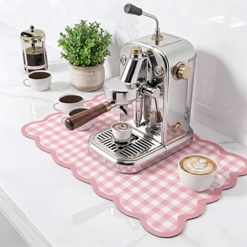 Scalloped Gingham Coffee Mat 12" x 20" Absorbent Coffee Bar Mat Gingham Espresso Matt for Counter(Pink) - color: Pink