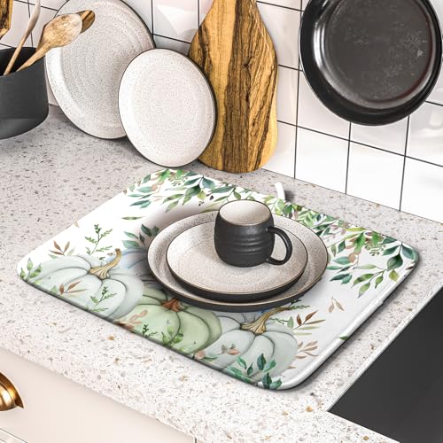 Giwawa Fall Blue Pumpkin Dish Drying Mat Autumn Harvest Dishes Pad 16"x18" Microfiber Quick Dry Dish Drainer Rack Mats Kitchen Counter Accessories - color: Blue Pumpkin Leaf, size: 16x18 inch
