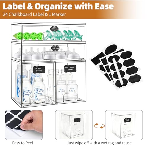 Baby Bottle Organizer, 4 Pack Stackable Storage Drawers with Labels, Clear Station Organizers Container for Pacifiers, Pump Parts, Desk Organizer Bins for Bathroom, Cabinet, Pantry, Vanity, Countertop - style: 2 High+2 Wide