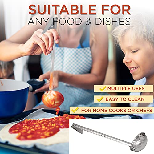 Fit Meal Prep [2 Pack] Stainless Steel Soup Ladle - One-Piece Sauce Spatula with Hook Handles, Commercial Grade Serving Spoon, Kitchen Tool for Restaurant or Home Cooking, Mirror Finish, 14.25" Long - size: 6 oz